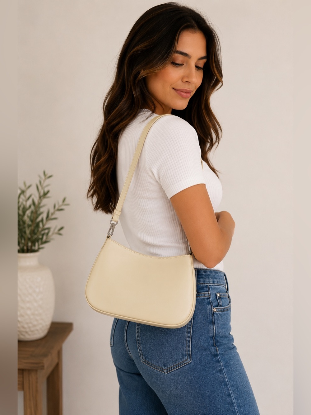 Ivory Minimalist Hobo Shoulder Bag Vegan Leather Shoulder Strap